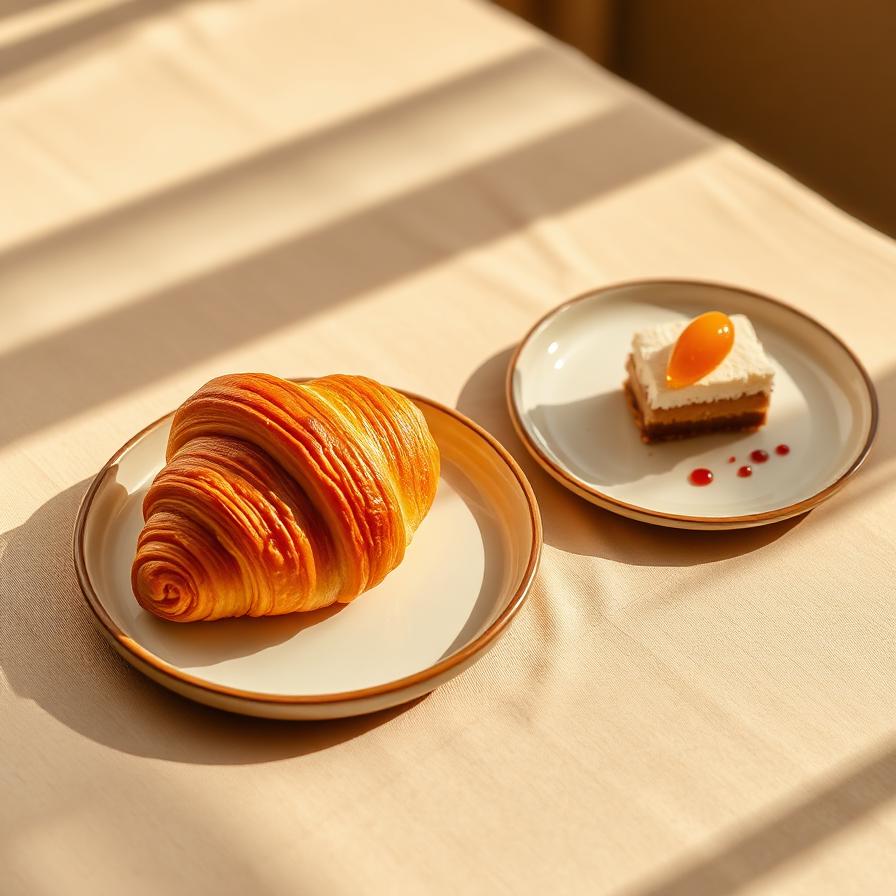Croissant and dessert on cream linen